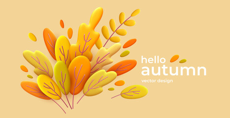 Wall Mural - Hello Autumn 3d minimal background with autumn yellow, orange leaves. 3d Fall leaves background for the design of Fall banners, posters, advertisements, cards, sales. Vector illustration