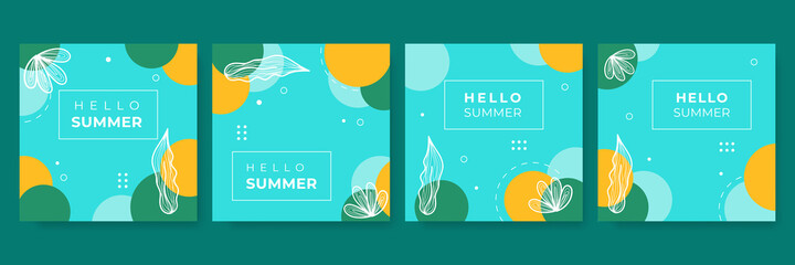 Wall Mural - Collection of green yellow summer background set with palm, leaves ,flower, blob. Editable vector illustration for invitation, postcard, post stories social media template and website banner