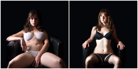 two beautiful brunette women sitting on an armchair, they are wearing white and black underwear in f