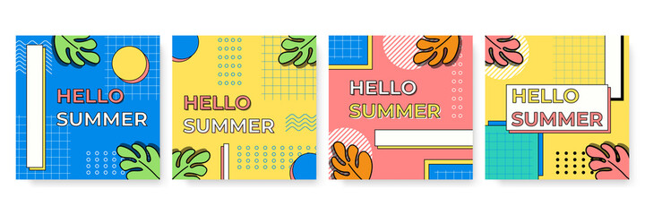 Colourful summer Memphis abstract template background. Retro vintage summer post stories social media template. Vector set of memphis style banners with New Arrival and Epic Sale labels.