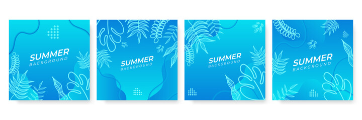 Poster - Vector set of colourful social media stories design templates, backgrounds with copy space for text - summer landscape. Summer background with leaves and waves