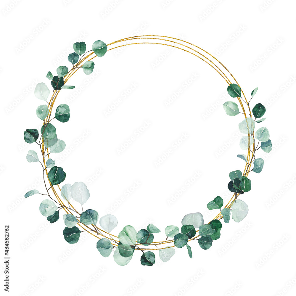 Watercolor eucalyptus gold wreath with green leaves isolated on white ...