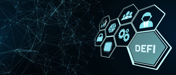 defi -decentralized finance on dark blue abstract polygonal background. concept of blockchain, decen