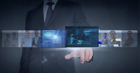Poster - Composition of businessman touching interactive screen with doctors and medical data processing