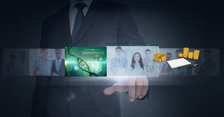 Poster - Composition of businessman touching interactive screen with doctors and medical data processing