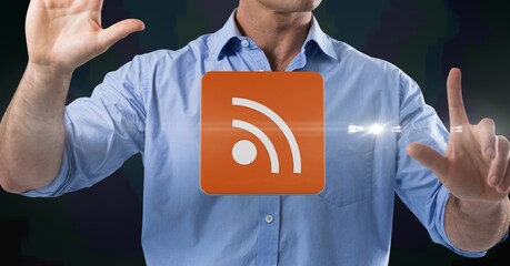 Poster - Composition of internet symbol on red tile over midsection of man using virtual interface