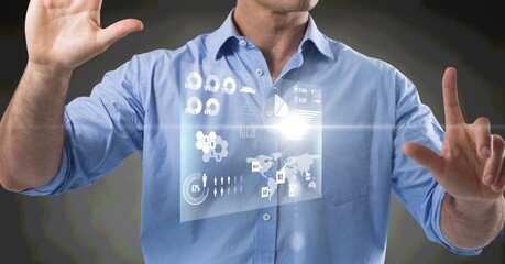 Poster - Composition of information on screen over midsection of man using virtual interface