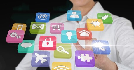 Poster - Composition of businesswoman touching screen with digital colouruful icons