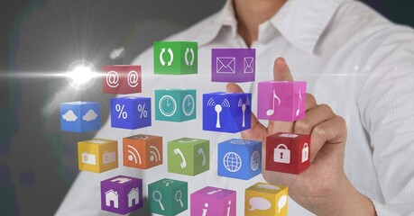 Poster - Composition of businessman touching screen with digital colourful icons