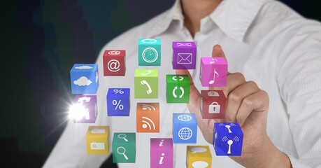 Poster - Composition of businesswoman touching screen with digital colouruful icons