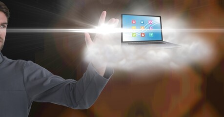Poster - Composition of businessman touching laptop with digital icons
