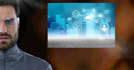Poster - Composition of man with digital icons on screen
