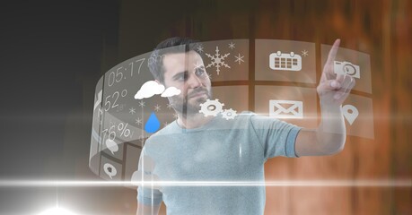 Poster - Composition of man with screens and digital icons on screen