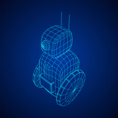 Robot Promoter LCD Screen on two wheels. Ad promo bot. Wireframe low poly mesh vector illustration