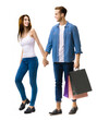 © vgstudio - Sales, shop, retail, consumer concept - young couple with shopping bags, going for purchases, looking to each other, holding hands. Isolated on white background. Full body length studio portrait.