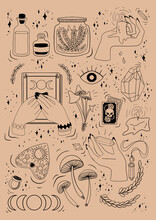Witchy Objects Sticker Sheet Mushrooms, Tarot Cards, Crystals, Candles, Eye, Hands And Bottles