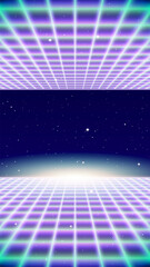 Poster - Retro neon background with 80s styled laser grid and stars