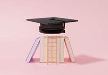 Graduation Cap And Book Education Ladder Learning Concept. Pink Background For Banner Website Application Page Template. 3d Rendering
