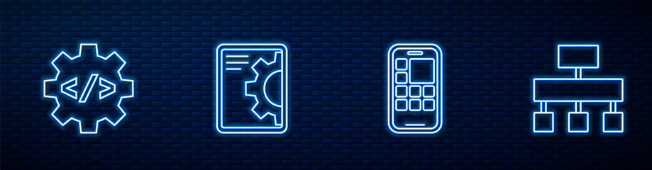 Aufkleber - Set line Mobile Apps, Front end development, Web and Site map. Glowing neon icon on brick wall. Vector