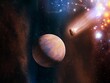 © Nazarii - Beautiful planet with a comet in far space with bright stars. Exoplanet inside the interstellar nebula.