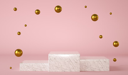 Poster - 3D Illustration. Three white marble pedestals on isolated background with golden and shiny balls floating in the air.