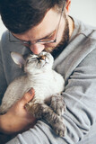 Fototapeta Koty - Sharing affection with cat. Handsome beard man holding and kissing Devon Rex cat. Spending time with pet, boosting mood, lowering stress levels. Breed with hypoallergenic fur, no low shedding.