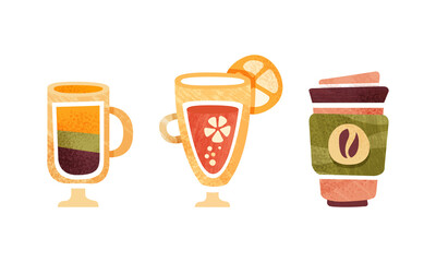 Sticker - Set of Non-Alcoholic Drinks, Coffee, Lemonade, Cocktail Cartoon Vector Illustration