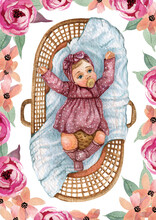 Watercolor Newborn Baby Girl In Moses Basket, Boho Style Baby, Sleeping Girl, Maternity Clipart, Baby Shower Invitations, Nursery Print, Newborn Kid Card On White Background With Floral Frame.