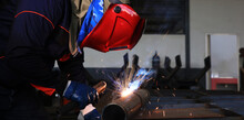 Close Up Welder Specialist Weld The Pipe , Metal Work And Welding Industrial Concpet