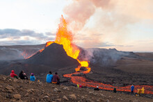 GELDINGADALIR, ICELAND - 11 MAY, 2021: A Small Volcanic Eruption Started At The Reykjanes Peninsula. The Event Has Attracted Thousands Of Visitors Who Have Braved A Daring Hike To The Crater.