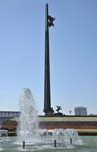 Fountain Complex "Years Of War" And Main Obelisk In Form Of Soldier's Bayonet With Bronze Goddess Of Victory Nika And Statue Of St. George Victorious At Foot In Victory Park,  Moscow, Russia