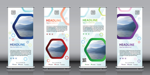 Roll up banner design collection with hexagon shapes artwork. Editable vertical template vector set, modern standee and flag banner