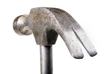 The head of a carpentry hammer for driving and removing steel nails. Joinery accessories for the assembly of wooden structures.