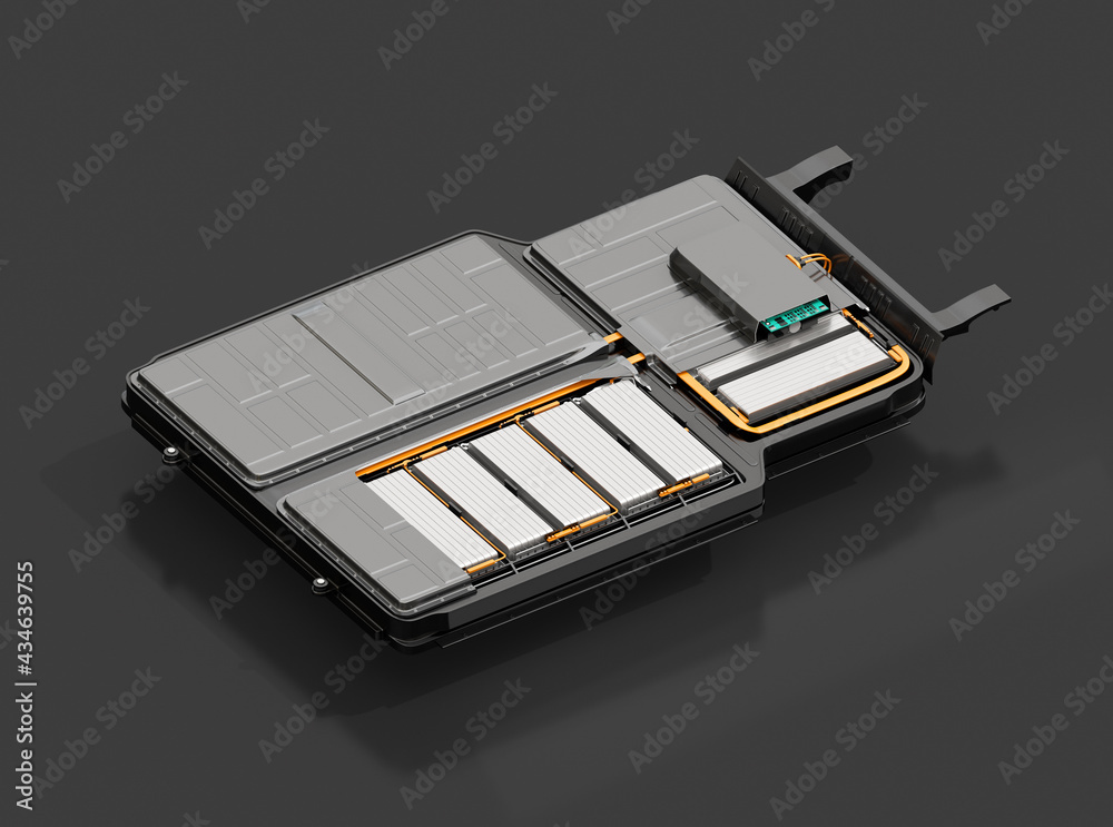 Cutaway view of electric vehicle battery pack on black background. 3D ...