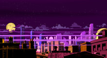 Illustration Of The Rooftops Of A City At Night With Purple And Violet Lilac Tones, In The Light Of The Moon With Smoke And Clouds