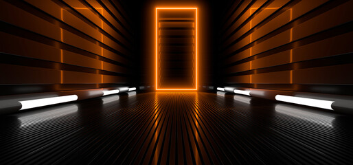 Wall Mural - Sci Fy neon lamps in a dark hall. Reflections on the floor and walls. 3d rendering image.