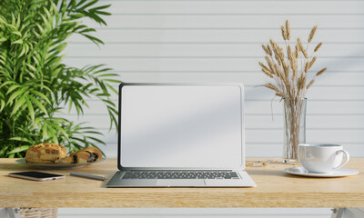 white blank screen notebook case putting on wooden coffee table with coffee cup, potted plant 