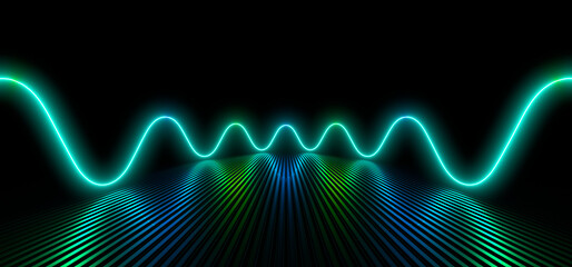 Wall Mural - sci fy neon lamps in a dark hall. reflections on the floor and walls. 3d rendering image.