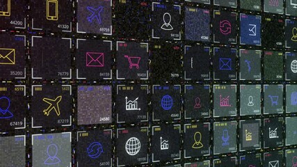 Aufkleber - Abstract digital screen with flowing cells illustrating mobile phone or computer internet images. Animation. Silhouettes of wifi, global internet, connection, and communication.