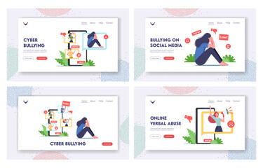 Poster - Cyber Bullying, Social Bully Attack Landing Page Template Set. Teen Character Crying front of Smartphone Screen