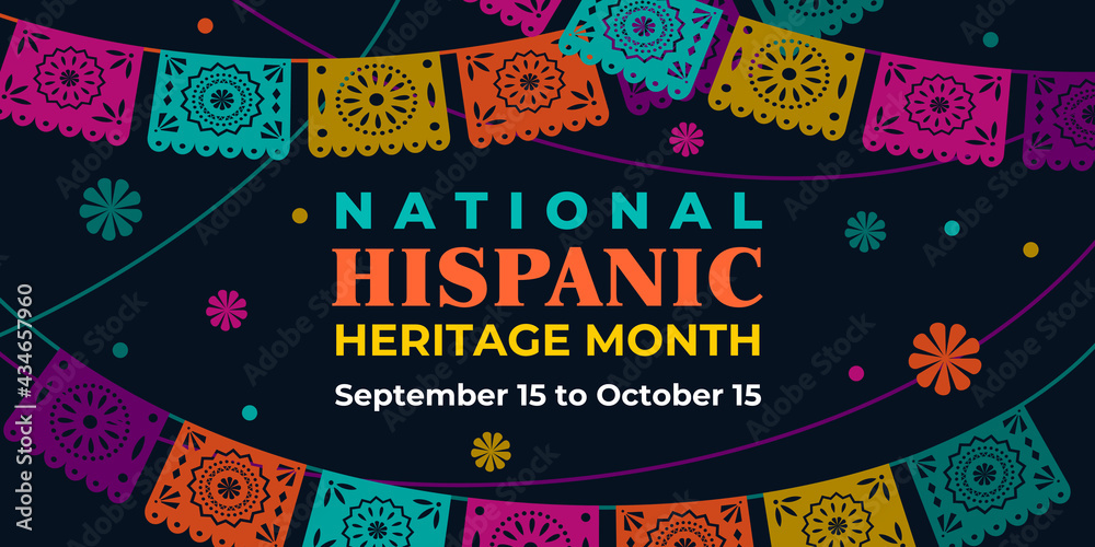 Hispanic heritage month. Vector web banner, poster, card for social media, networks. Greeting with national Hispanic heritage month text, Papel Picado pattern, perforated paper on black background. - obrazy, fototapety, plakaty 