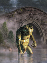 The Loveland Frogman Is A Legendary Cryptid Of Ohio Folklore. It Is Said To Be A Humanoid Frog Or Lizard Seen Near Waterways. In This Scene, The Monster Wades In Waters By A Stone Bridge. 3D Rendering