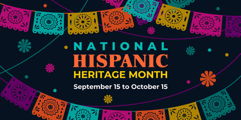 Wall Mural - Hispanic heritage month. Vector web banner, poster, card for social media, networks. Greeting with national Hispanic heritage month text, Papel Picado pattern, perforated paper on black background.
