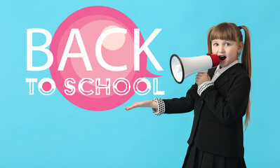 Sticker - Little schoolgirl with megaphone on color background. Back to school