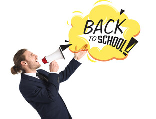 Sticker - Young teacher with megaphone on white background. Back to school