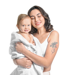 Canvas Print - Happy woman and her little daughter on white background