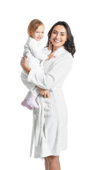 Canvas Print - Happy woman and her little daughter on white background