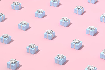 Poster - Minimal trendy scene of gift boxes pattern on pink background, 3D rendering.