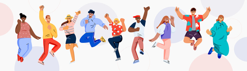 happy jumping people. young man and women happy dancing. cheerful corporate employees cartoon charac