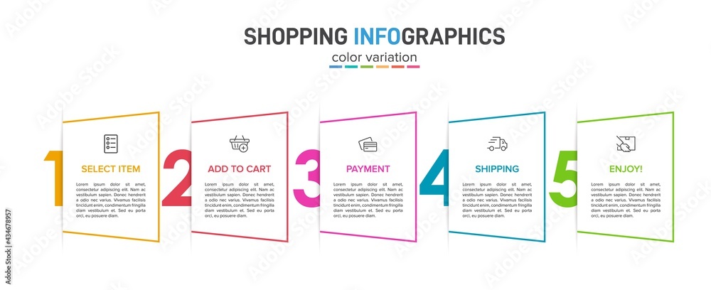 Concept of shopping process with 5 successive steps. Five colorful graphic elements. Timeline design for brochure, presentation, web site. Infographic design layout.